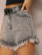 elsa.m by may Pantaloni scurți Negri-Gri cu Curea din Imitație de Piele Decorate cu Margini Franjurate Lienara