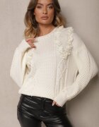 elsa.m by may Pulover Alb Clasic cu Aplicații Florale Decorative și Perle Leanwenna