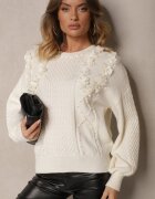 elsa.m by may Pulover Alb Clasic cu Aplicații Florale Decorative și Perle Leanwenna
