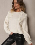 elsa.m by may Pulover Alb Clasic cu Aplicații Florale Decorative și Perle Leanwenna