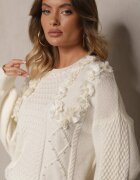 elsa.m by may Pulover Alb Clasic cu Aplicații Florale Decorative și Perle Leanwenna