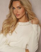 elsa.m by may Pulover Alb cu bordură reiată și perle Miarina