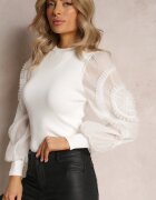 elsa.m by may Pulover Alb cu Mâneci Bufante Împodobite și Guler semi-înalt Yusi