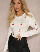 elsa.m by may Pulover Alb cu viscoză și perforație decorativă cu aplicații în formă de cireșe Niriala