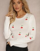 elsa.m by may Pulover Alb cu viscoză și perforație decorativă cu aplicații în formă de cireșe Niriala