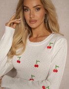 elsa.m by may Pulover Alb cu viscoză și perforație decorativă cu aplicații în formă de cireșe Niriala