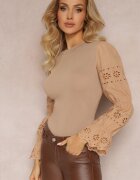 elsa.m by may Pulover Bej cu Broderie Decorativă și Mânecă Ajurată Anulika