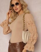 elsa.m by may Pulover Bej cu Broderie Decorativă și Mânecă Ajurată Anulika