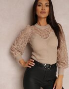 elsa.m by may Pulover Bej din Tricot Reiat cu Dantelă Ule