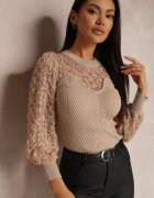 elsa.m by may Pulover Bej din Tricot Reiat cu Dantelă Ule