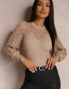 elsa.m by may Pulover Bej din Tricot Reiat cu Dantelă Ule