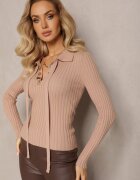 elsa.m by may Pulover Bej din Viscoză cu Nervuri Ornat cu Capse Bijuterii și Cordon Pelema