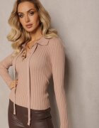 elsa.m by may Pulover Bej din Viscoză cu Nervuri Ornat cu Capse Bijuterii și Cordon Pelema