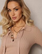 elsa.m by may Pulover Bej din Viscoză cu Nervuri Ornat cu Capse Bijuterii și Cordon Pelema