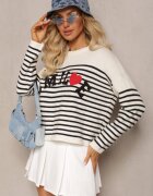 elsa.m by may Pulover bej și negru cu textul Smile și model în dungi Suwaia