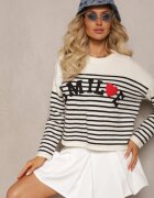 elsa.m by may Pulover bej și negru cu textul Smile și model în dungi Suwaia