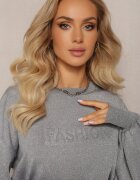 elsa.m by may Pulover Clasnic Gri cu Fir Metalic și Scris Actylia
