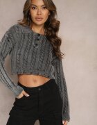 elsa.m by may Pulover Gri croptop cu model împletit și guler Zorilda