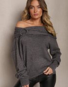 elsa.m by may Pulover Gri Cu umerii goi din Vâscoză cu încrețituri decorative la decolteu Nelilda
