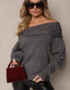 elsa.m by may Pulover Gri Cu umerii goi din Vâscoză cu încrețituri decorative la decolteu Nelilda