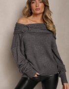 elsa.m by may Pulover Gri Cu umerii goi din Vâscoză cu încrețituri decorative la decolteu Nelilda