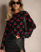 elsa.m by may Pulover Negru Casual cu Viscoză cu Print cu Cireșe Avattria