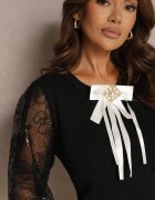 elsa.m by may Pulover Negru cu inserții de dantelă și fundă cu aplicație aurie Arfia