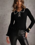 elsa.m by may Pulover Negru Retro din Vâscoză Decorat cu guler volane și nasturi Sirrise