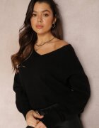 elsa.m by may Pulover Negru Simplu cu Bumbac cu Croială Oversize Conime