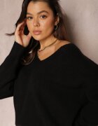 elsa.m by may Pulover Negru Simplu cu Bumbac cu Croială Oversize Conime
