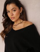 elsa.m by may Pulover Negru Simplu cu Bumbac cu Croială Oversize Conime