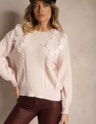 elsa.m by may Pulover Roz Clasic cu Aplicații Florale Decorative și Perle Leanwenna