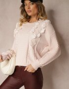 elsa.m by may Pulover Roz Clasic cu Aplicații Florale Decorative și Perle Leanwenna