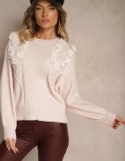 elsa.m by may Pulover Roz Clasic cu Aplicații Florale Decorative și Perle Leanwenna