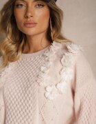 elsa.m by may Pulover Roz Clasic cu Aplicații Florale Decorative și Perle Leanwenna