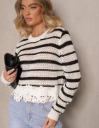 elsa.m by may Pulover Scurt Alb-Negru cu Dantelă și Model Ajurat Sovavia