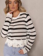 elsa.m by may Pulover Scurt Alb-Negru cu Dantelă și Model Ajurat Sovavia
