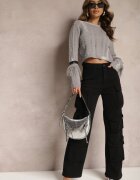 elsa.m by may Pulover Scurt Gri cu Benzi Decorative din Piele Ecologică și Franjuri Steviuna