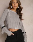elsa.m by may Pulover Scurt Gri cu Benzi Decorative din Piele Ecologică și Franjuri Steviuna