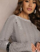 elsa.m by may Pulover Scurt Gri cu Benzi Decorative din Piele Ecologică și Franjuri Steviuna