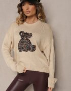 elsa.m by may Pulover Viscoză Bej cu Paiete și Motiv Ursuleț Nyrimi
