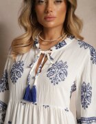 elsa.m by may Rochie Albă Boho din Viscoză Decorată cu Broderie și Cordon cu Ciucuri Alinoria