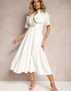 elsa.m by may Rochie Albă Cloș din Bumbac cu Flori pe Mâneci și Curea în Talie Andronea