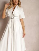 elsa.m by may Rochie Albă Cloș din Bumbac cu Flori pe Mâneci și Curea în Talie Andronea