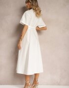 elsa.m by may Rochie Albă Cloș din Bumbac cu Flori pe Mâneci și Curea în Talie Andronea