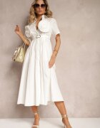elsa.m by may Rochie Albă Cloș din Bumbac cu Flori pe Mâneci și Curea în Talie Andronea