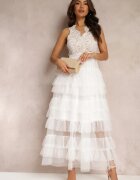 elsa.m by may Rochie Albă de Cocktail cu Corsaj de Dantelă și Fustă Evazată de Tulle Venisa