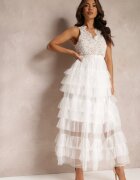 elsa.m by may Rochie Albă de Cocktail cu Corsaj de Dantelă și Fustă Evazată de Tulle Venisa