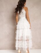elsa.m by may Rochie Albă de Cocktail cu Corsaj de Dantelă și Fustă Evazată de Tulle Venisa