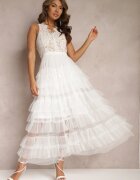 elsa.m by may Rochie Albă De Seară Maxi Decorată cu Dantelă și Volane Fariel
